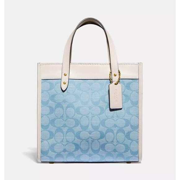 Coach Field Tote 22 In Signature Chambray Handbag C4692 Light Washed Denim Chalk - Picture 6 of 10